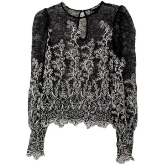 NWT Express Black Lace with White Embroidering Fancy Dressy Party Blouse Small - Picture 1 of 10